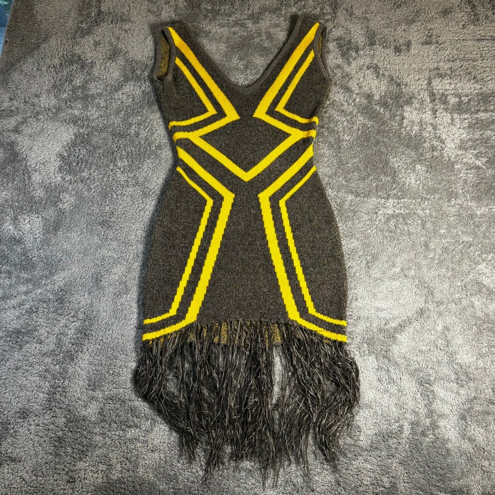 Geometric Knit Fringe Bodycon Dress V-Neck Sleeveless Gray Yellow Mini